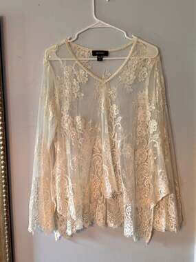 Karen Kane Sheer Lace Tunic Top Ivory Boho Romantic Bell Sleeve XL